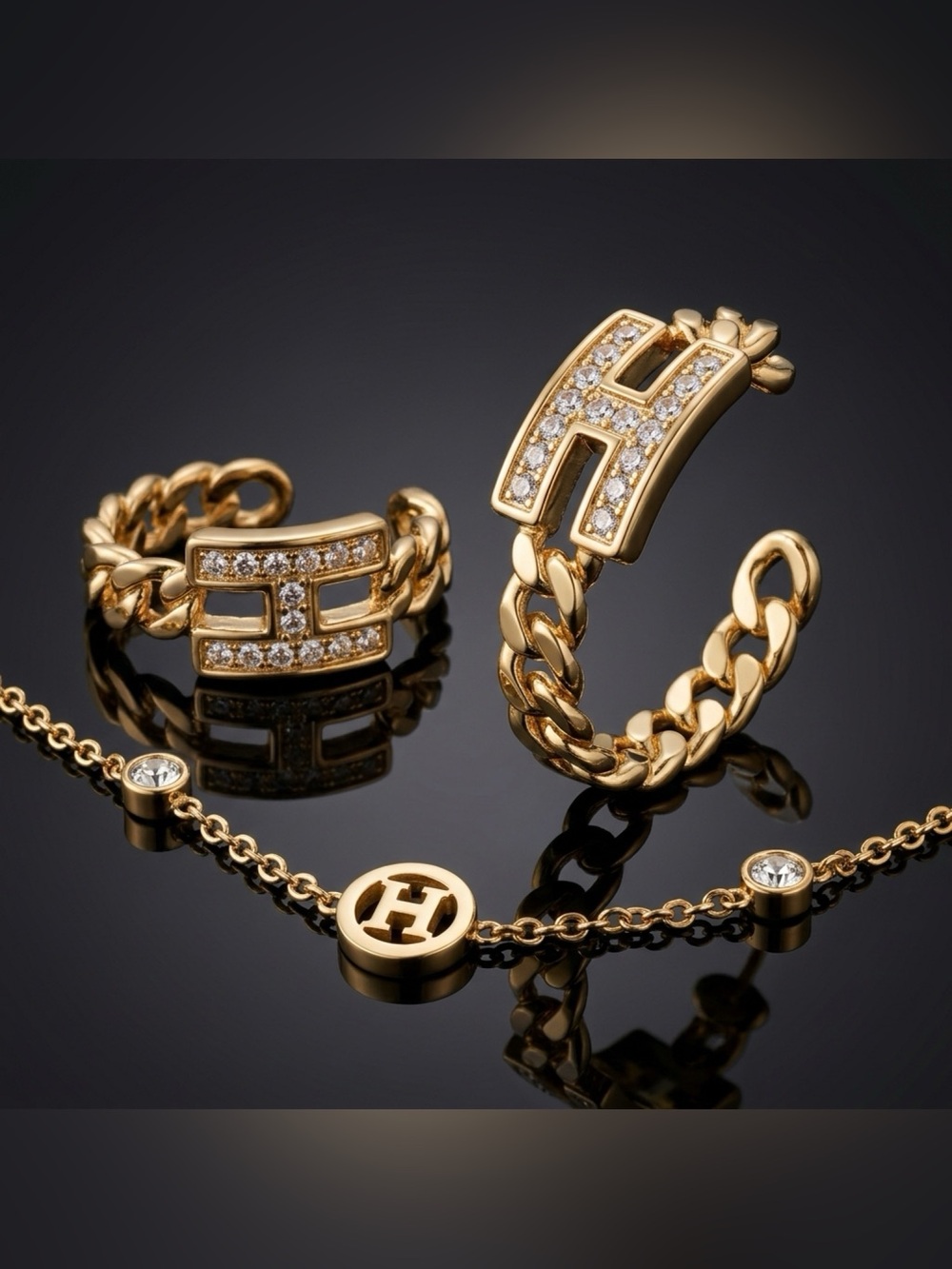 Fashion Jewelry Gold-Tone Chain Bracelet with Crystal Medallions with H Letter - Picture 4 of 7